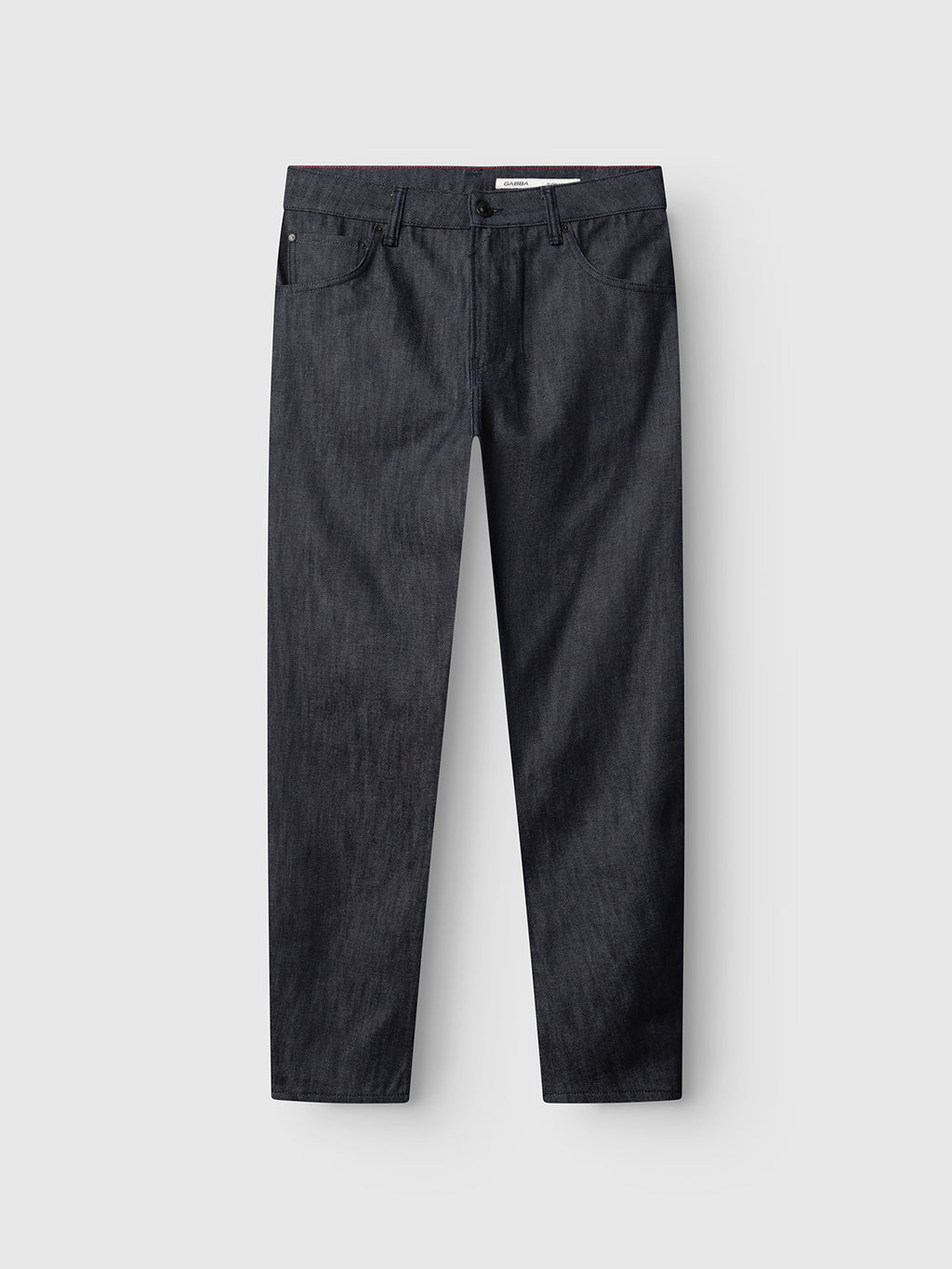 Dark blue GABcarl Anark Stone Raw Jeans by Gabba, crafted from premium ISKO denim in a straight-leg silhouette with a classic five-pocket design, displayed flat on a light gray background.