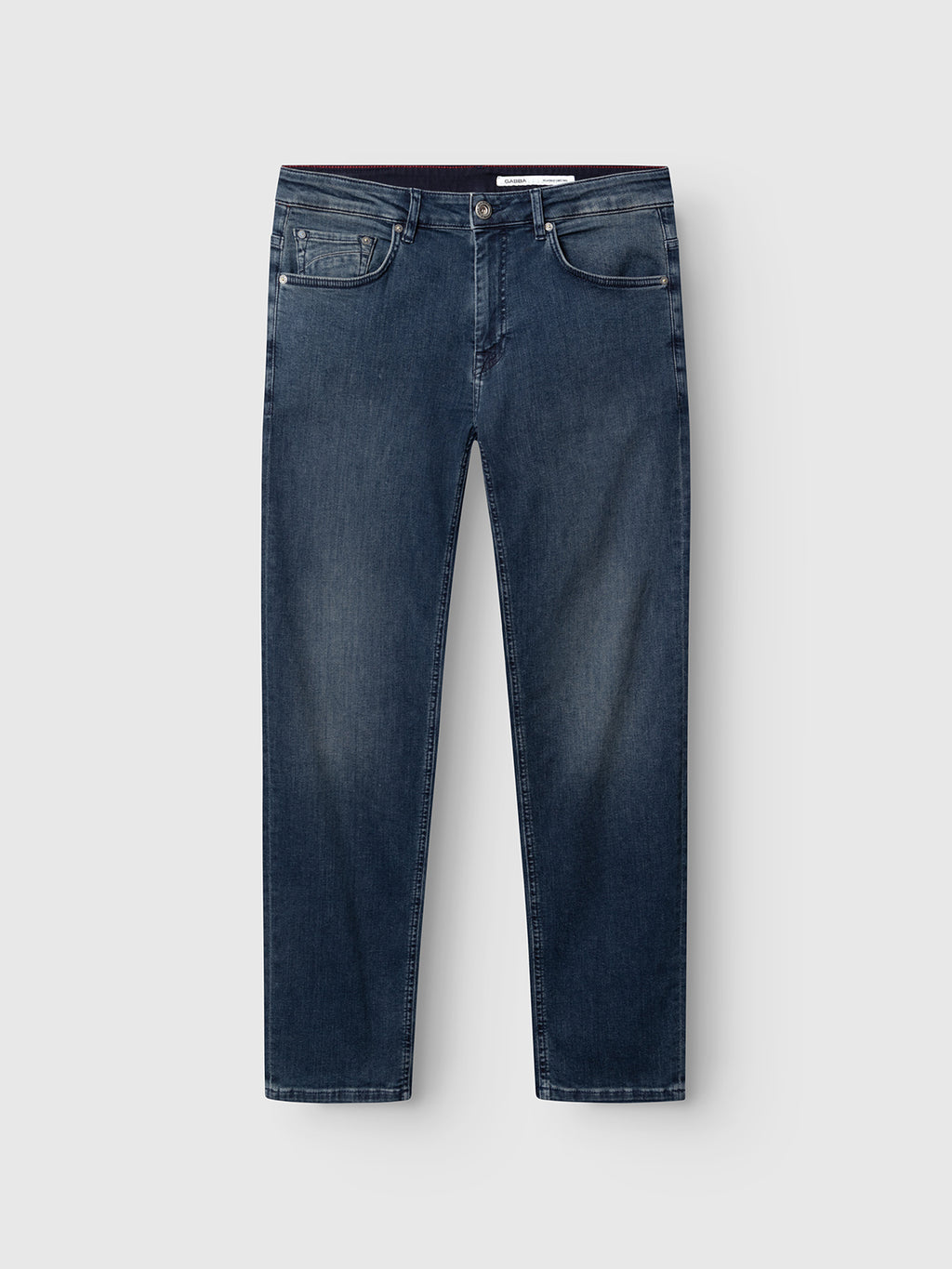 A pair of Gabba GABmarc Nham RS2113 Jeans in dark blue denim, featuring a straight-leg cut, ISKO stretch fabric with slight fading, five pockets, a button closure, and belt loops, is laid flat on a white background.