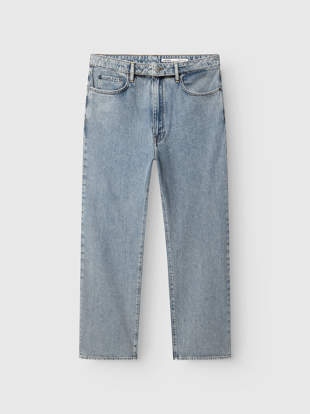 GABnoah Tona RS2100 Jeans by Gabba in mid blue denim, featuring a loose straight fit crafted from organic cotton, with a classic five-pocket design, belt loops, and a button closure, shown laid flat on a white background.