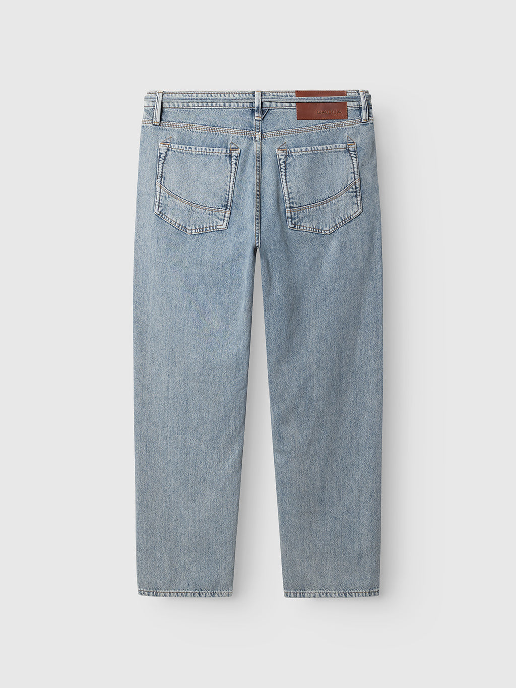 Gabba GABmax Tona RS2100 Jeans in mid blue denim, shown from the back with two large back pockets, belt loops, and a brown leather patch on the waistband. Crafted from organic cotton denim for comfort and durability.