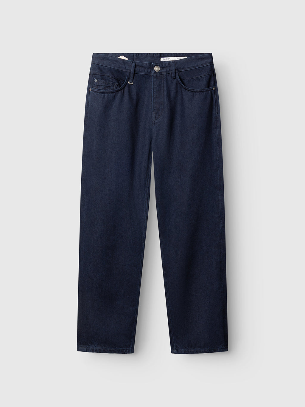 Gabba GABsenna Denia Rinse Jeans in dark blue denim feature a loose tapered straight-leg fit with five pockets and a button closure, showcased against a light gray background.