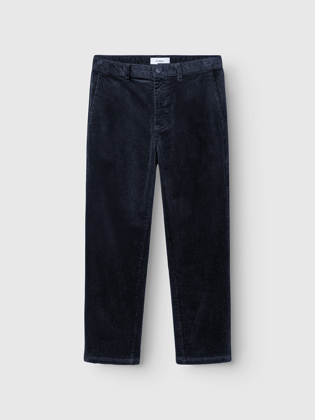 The Gabba GABjoe Nopleats Ibre Pant in Dark Navy features a tapered fit, straight-leg cut, button closure, and classic chino styling with belt loops, shown against a plain light gray background.