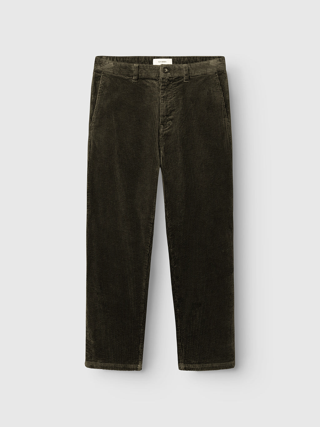 The GABjoe Nopleats Ibre Pant in Forest Night by Gabba features a straight-leg cut with classic chino construction, including a front button and zipper closure, side pockets, and belt loops, displayed against a light gray background.