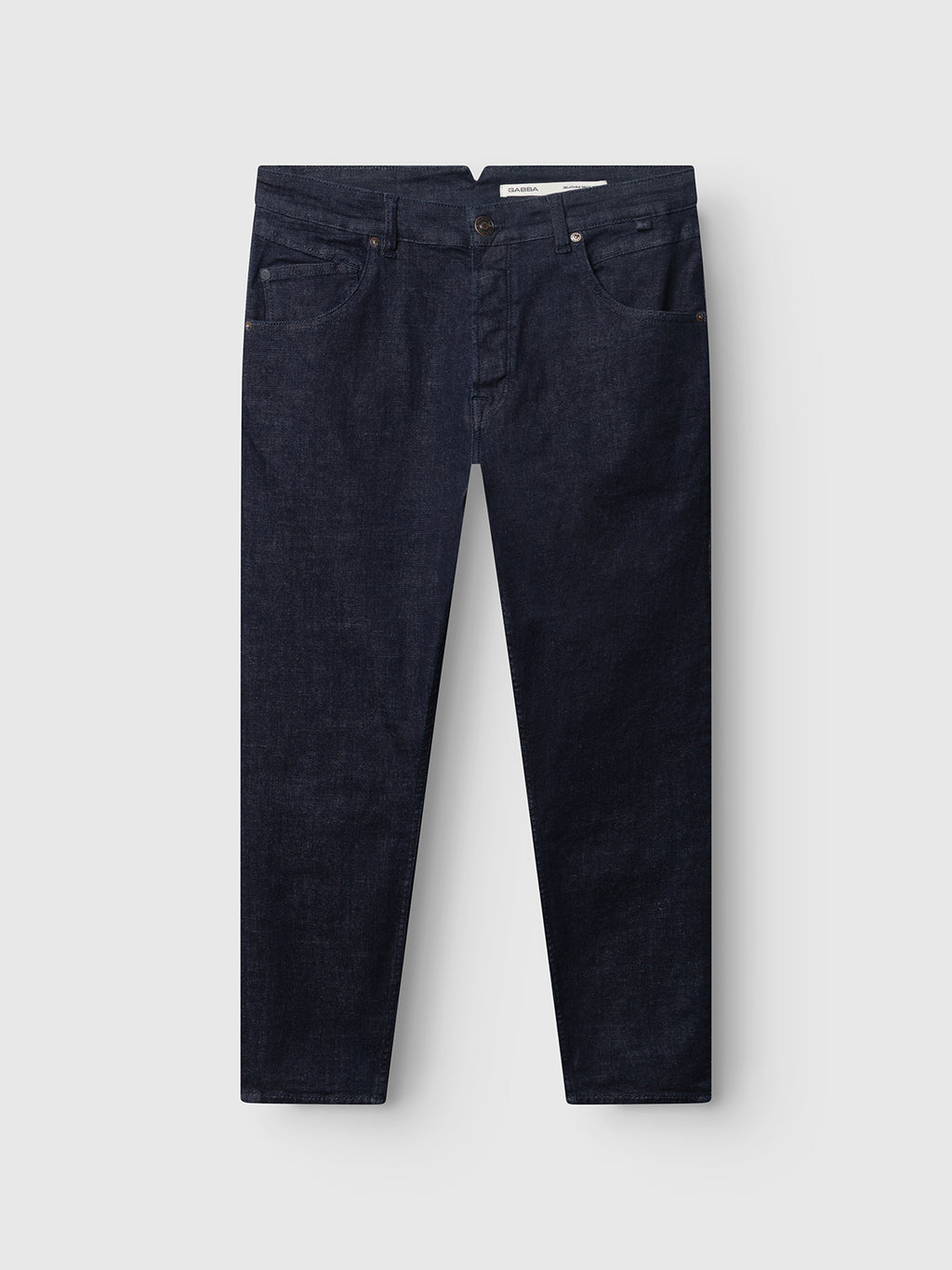 The GABalex Cropped Bekham DS0001 Jeans by Gabba are shown lying flat on a light gray background. Made from dark blue comfort stretch denim, these jeans feature a straight leg cut, classic five-pocket styling, and a button closure.