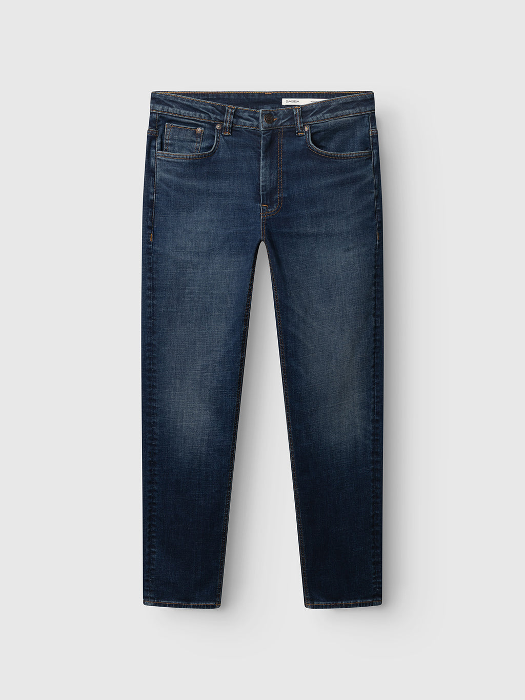 Gabba GABjones Bekham DS0002 Jeans in dark blue denim feature a slim straight fit and are crafted from comfort stretch fabric for all-day ease. These jeans include front and back pockets, with a button and zipper closure, and are shown laid flat on a light gray background.