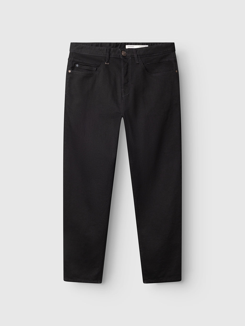 Introducing the Gabba GABsenna Black DS0006 Jeans – expertly crafted from comfort stretch twill for enhanced flexibility and ease. These black denim jeans feature a straight-leg silhouette, classic five-pocket styling, button closure, and belt loops. Finished with a garment-dyed black color, the jeans are showcased against a plain white background.
