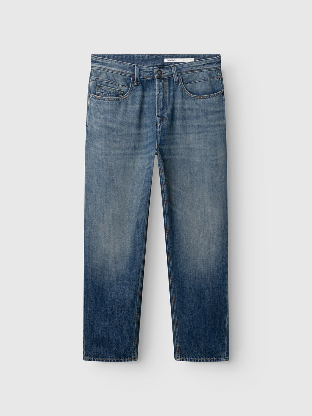 The Gabba GABsenna Wolv DS0004 Jeans in dark blue denim feature a relaxed fit, a classic five-pocket design, and a straight leg cut with subtle front fading, displayed against a plain light gray background.