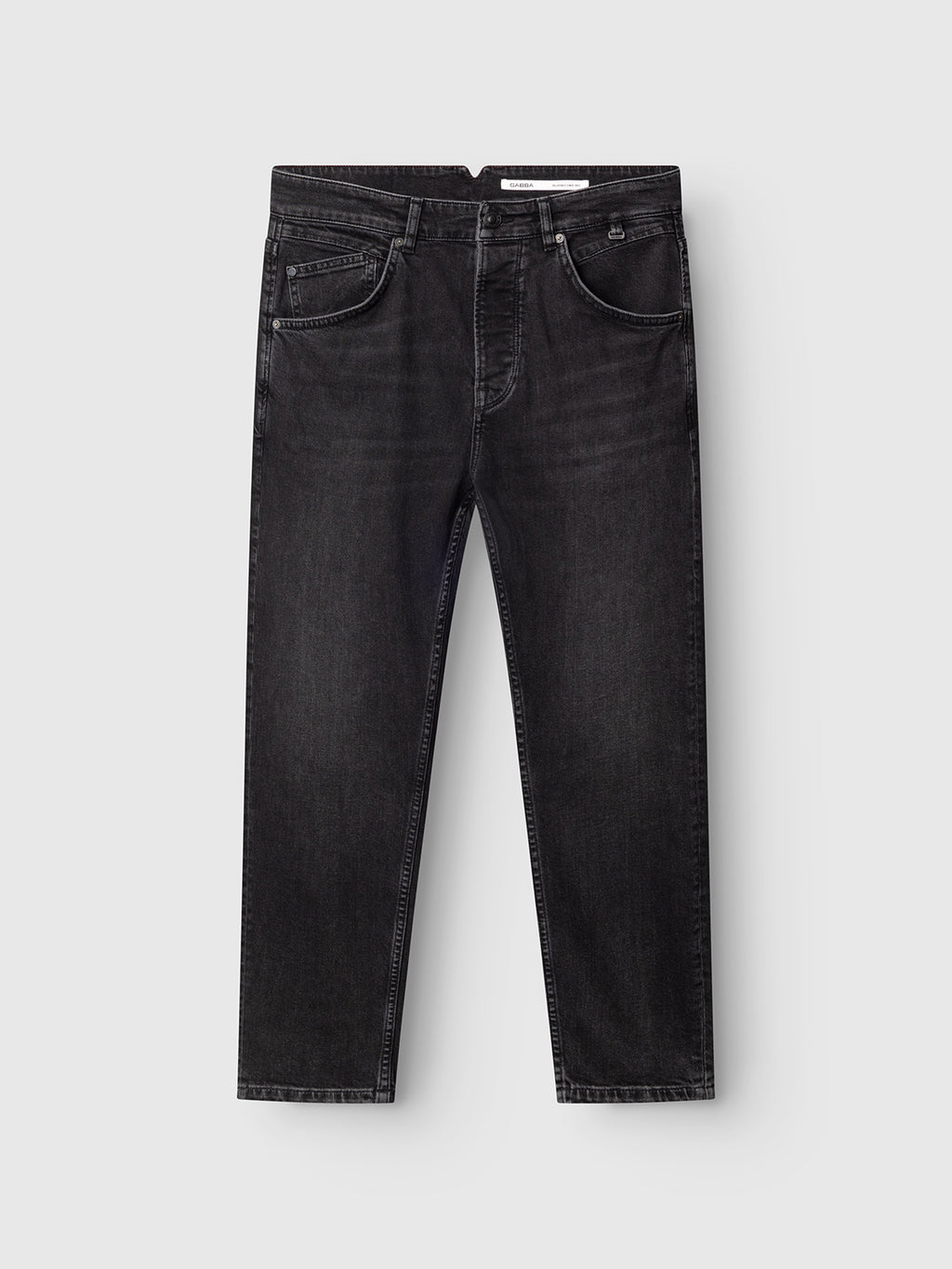 The Gabba GABalex Cropped Blerb WW0031 Jeans in black denim feature a straight-leg silhouette, crafted from high-density black denim with a button and zipper closure, five-pocket design, and subtle faded detailing in a washed black finish. They are displayed flat on a light gray background.