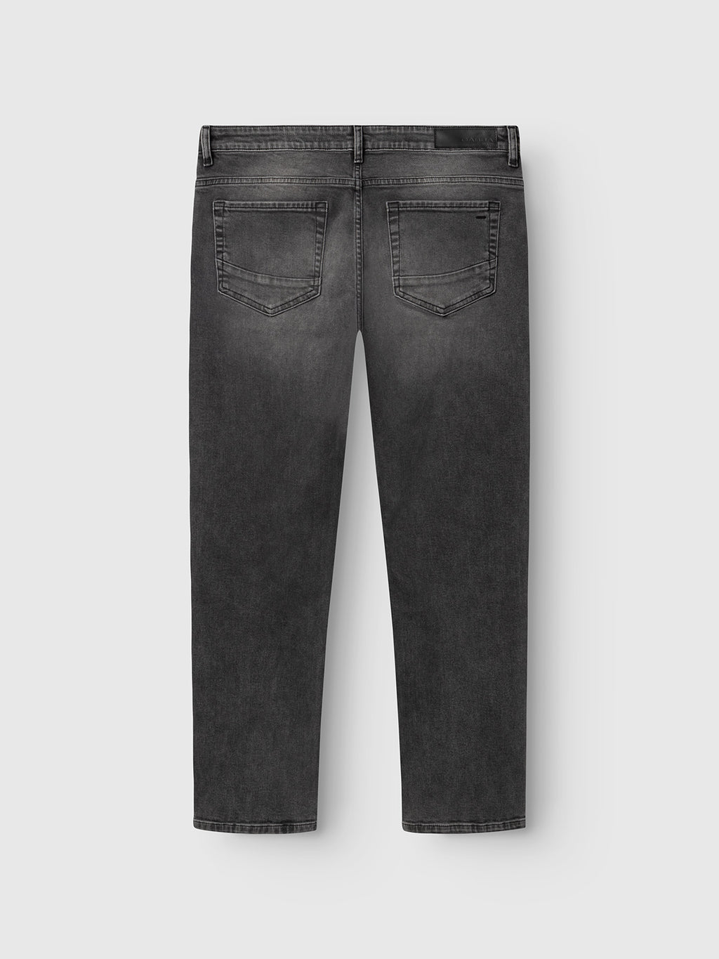 Back view of the Gabba GABmarc Blerb WW0032 Jeans in grey denim, crafted from comfort stretch fabric, featuring two back pockets and belt loops, laid flat on a white background.