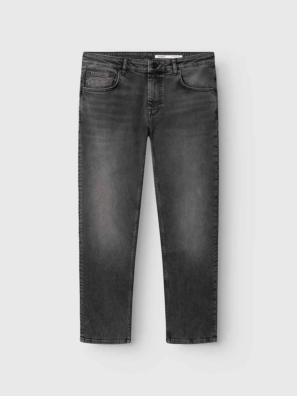 A pair of Gabba GABmarc Blerb WW0032 Jeans in grey denim with a straight leg fit, crafted from comfort stretch fabric for all-day ease, featuring a classic five-pocket design and button closure, laid flat on a light gray background.
