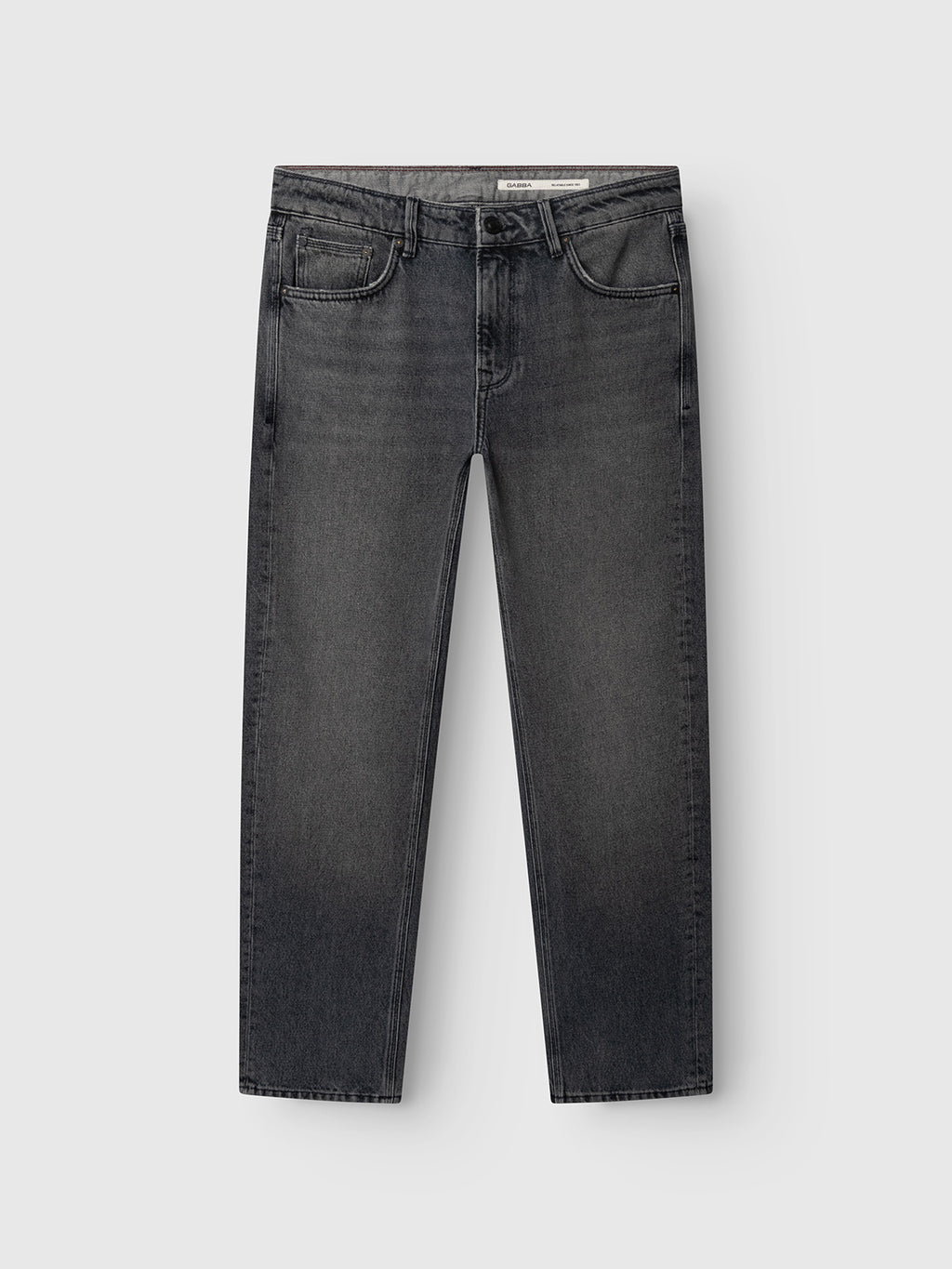 A pair of GABmax Primesto WW0030 Jeans by Gabba, featuring a modern straight fit in grey denim with a faded finish, crafted from heavyweight 3x1 denim and designed with classic five-pocket styling, button closure, and belt loops, displayed flat on a light gray background.