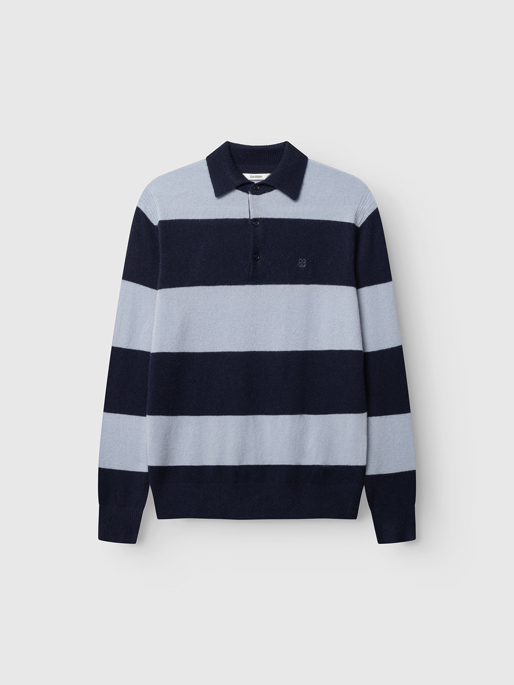 The Gabba GABworren Polo Stripes Aico LS Knit in Navy Stripe is a men’s regular fit, long-sleeve pullover crafted from soft wool. It features wide horizontal navy and light gray stripes, a classic polo collar, and a three-button placket at the neck. The striped knit sweater is displayed on a plain white background.