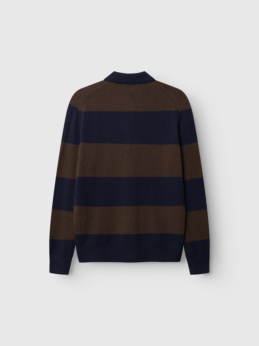 The GABworren Polo Stripes Aico LS Knit in Brown Stripe by Gabba is a long-sleeved, brown and navy blue striped knit sweater, shown from the back against a plain light background. This soft wool polo effortlessly blends classic style with cozy comfort.