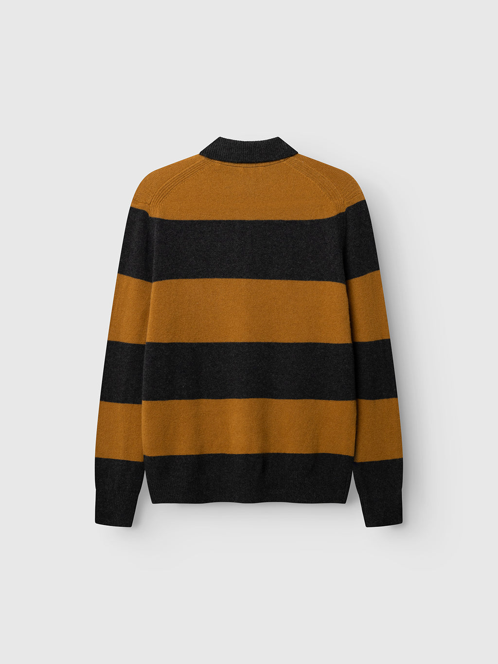 The GABworren Polo Stripes Aico LS Knit - Yellow Stripes by Gabba is a men’s regular fit long-sleeve sweater featuring wide horizontal stripes in mustard yellow and dark gray. Shown from the back against a plain light gray background, this knit offers a timeless look with modern comfort.