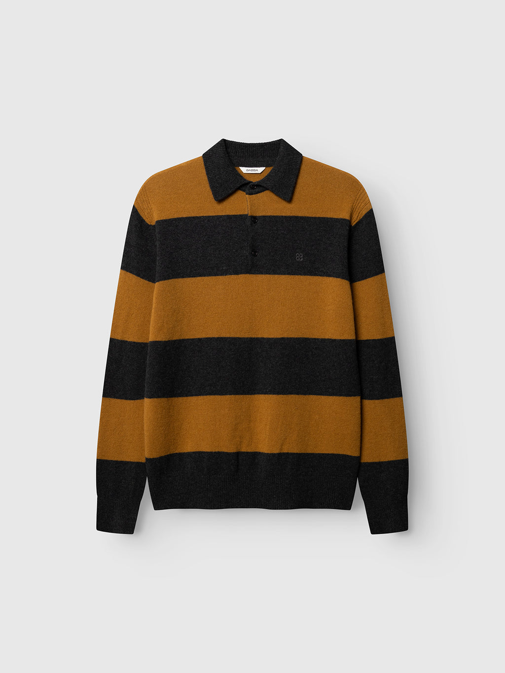 The Gabba GABworren Polo Stripes Aico LS Knit - Yellow Stripes is a men’s regular fit long-sleeve knit polo shirt with wide mustard yellow and dark gray horizontal stripes, featuring a collar and three-button placket.