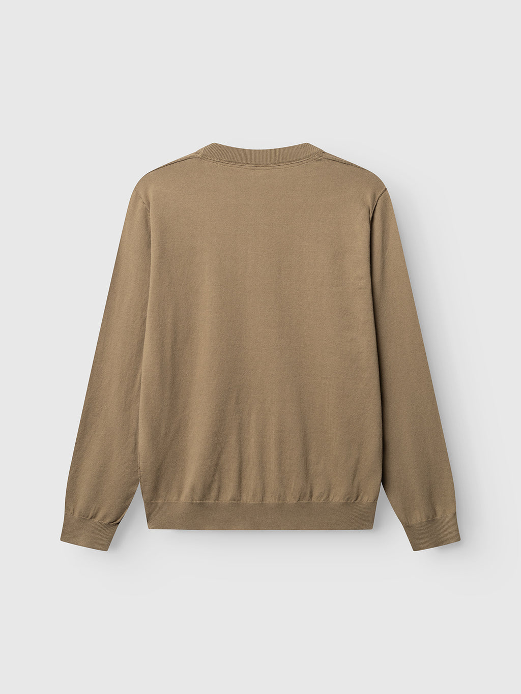 The GABfumo Element Spy LS Knit - Sand Crocker by Gabba is pictured from the back against a plain white background. This light brown flat-knit cotton sweater features a classic crew neck, along with ribbed cuffs and hem.