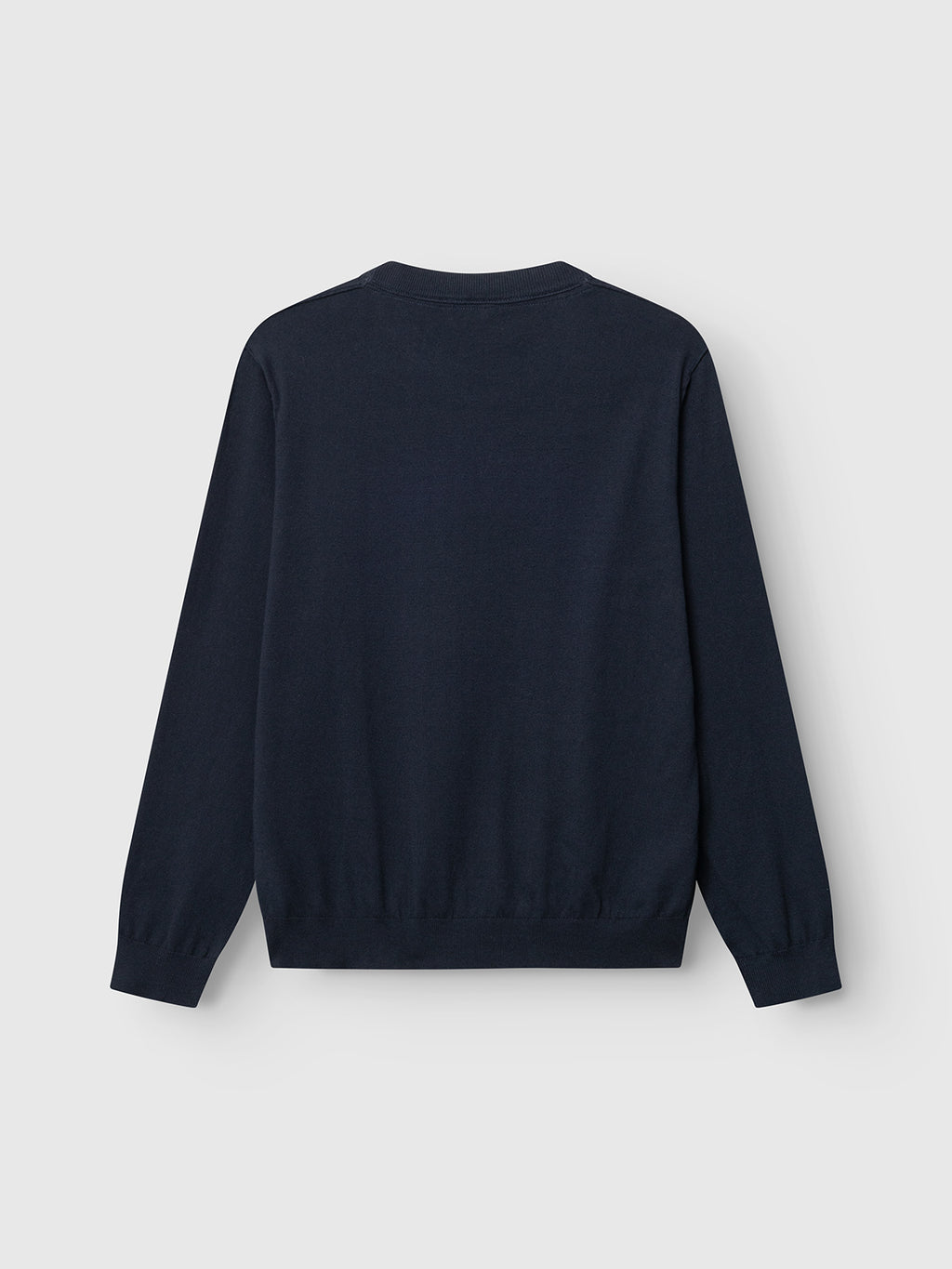 Back view of a navy blue GABfumo Element Spy LS Knit long-sleeved crew neck sweater in flat-knit cotton.