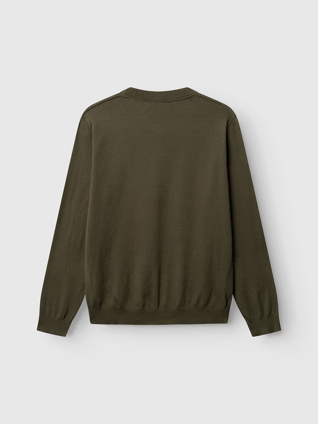 The GABfumo Element Spy LS Knit in Forest Night by Gabba is displayed from the back, showcasing a classic crew neck design. Crafted from flat-knit cotton for enhanced comfort, this regular fit sweater features ribbed cuffs and a ribbed waistband, set against a plain white background.