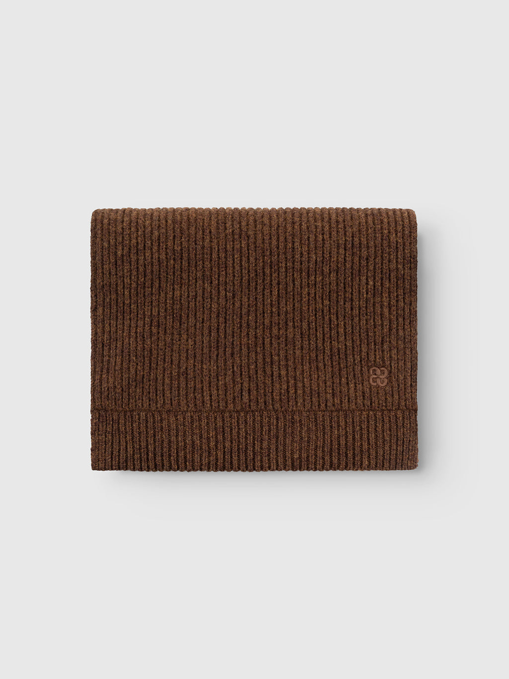 The Gabba GABeast Flash Scarf in Brown Slate features a neat rib-knit design and a subtle embroidered logo on one corner, displayed against a plain light background—an essential winter accessory for effortless style and warmth.