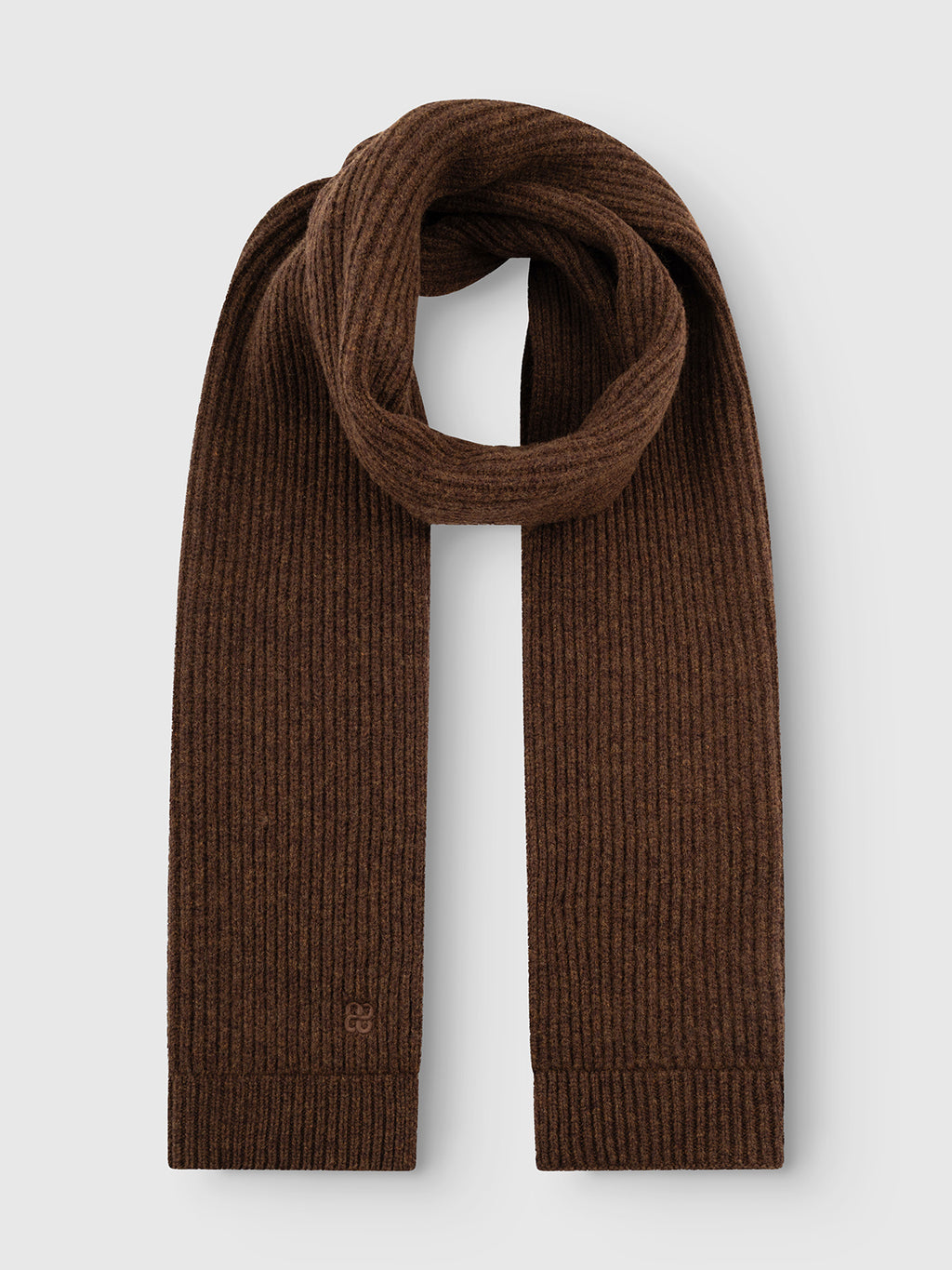 The GABeast Flash Scarf - Brown Slate by Gabba is neatly folded in a loop on a light background, featuring subtle embroidered detail near one end—a classic winter accessory that offers both warmth and style.