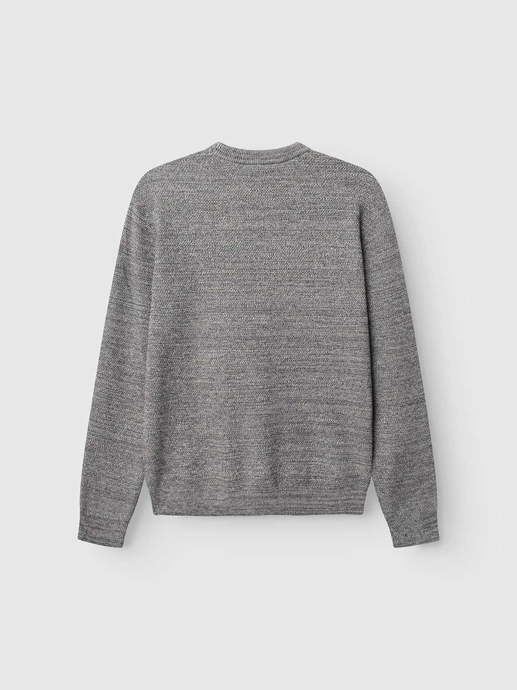 A Gabba GABlamix Coro O-Neck LS Knit in Light Grey is displayed laid flat with the back facing up against a plain, light gray background. Crafted from a soft cotton-blend knit, this versatile sweater features long sleeves and a classic crew neck for both comfort and style.