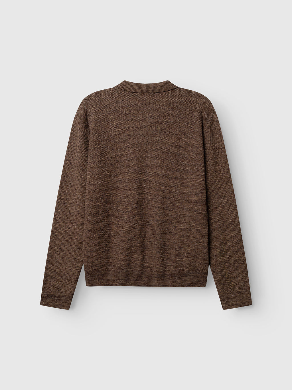 A GABlamix Coro Jhon LS Knit sweater in Brown Slate by Gabba is displayed from the back against a plain light gray background. The sweater features long sleeves, a simple collarless neckline, and subtle Gabba Brand Mark detailing.