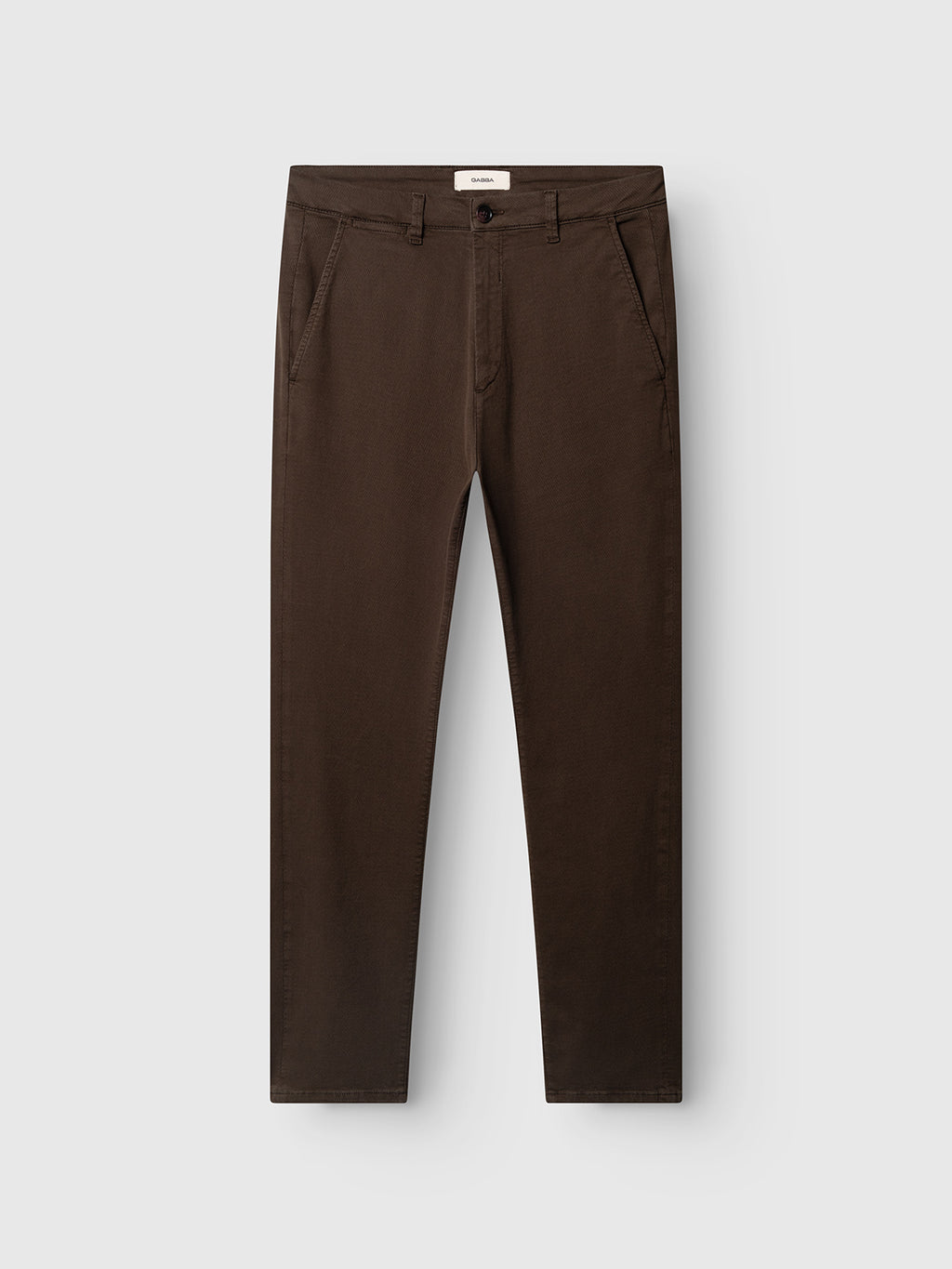 The Gabba GABpaul K3280 Dale Chino in Brown Slate is laid flat on a white background, crafted from a high-stretch cotton-blend for comfort and flexibility. These slim-fit pants feature side pockets, belt loops, and a button closure at the waist—perfect for everyday wear.