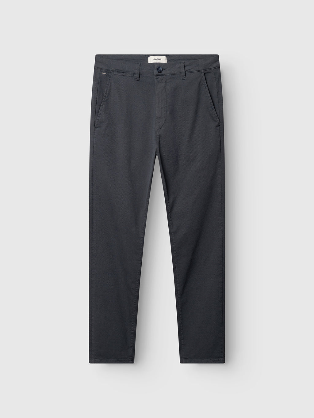 The Gabba GABpaul K3280 Dale Chino in Turbulence Blue features a slim fit, French pockets, double-paspel back pockets, belt loops, and a button closure, displayed against a plain light background.