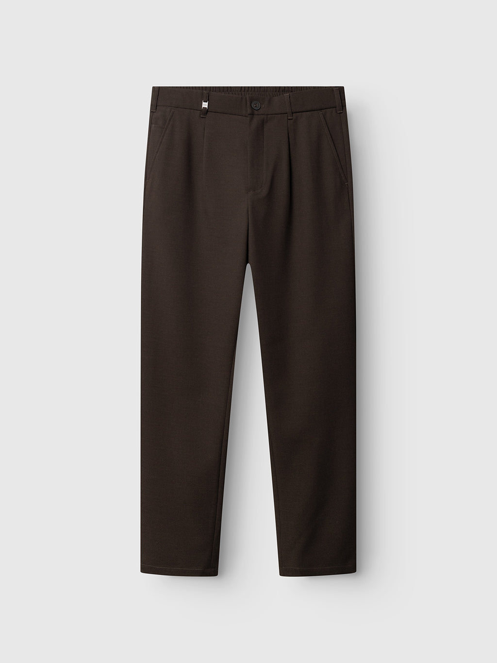 GABnapoli 19 Phin GRS - Brown Slate chinos by Gabba, featuring a dark brown wool blend fabric with a regular straight fit, button closure, and side pockets, are laid flat on a plain light gray background.