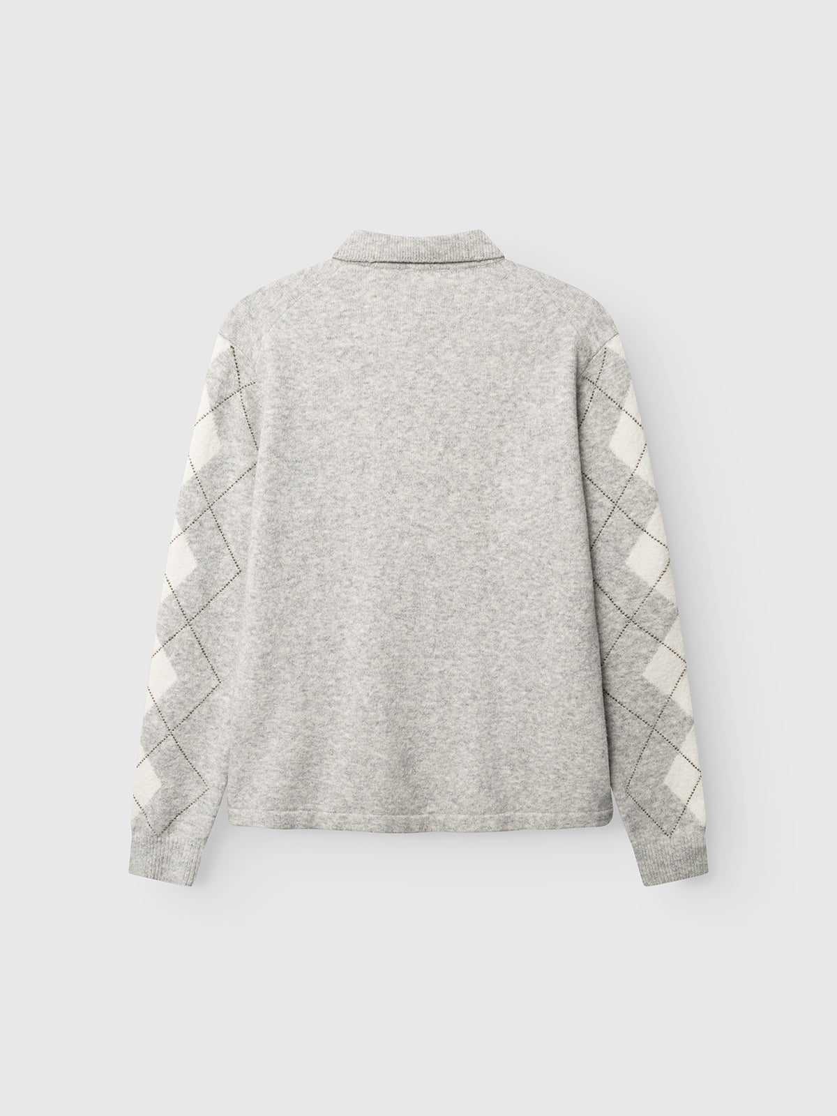 The Gabba GABpietro Polo Argyle LS Knit in Lt. Grey Mel is showcased from the back, featuring a subtle argyle pattern with white diamonds along both sleeves. This modern silhouette sweater has a soft texture, a simple collar, and offers a comfortable boxy fit knit for effortless style.