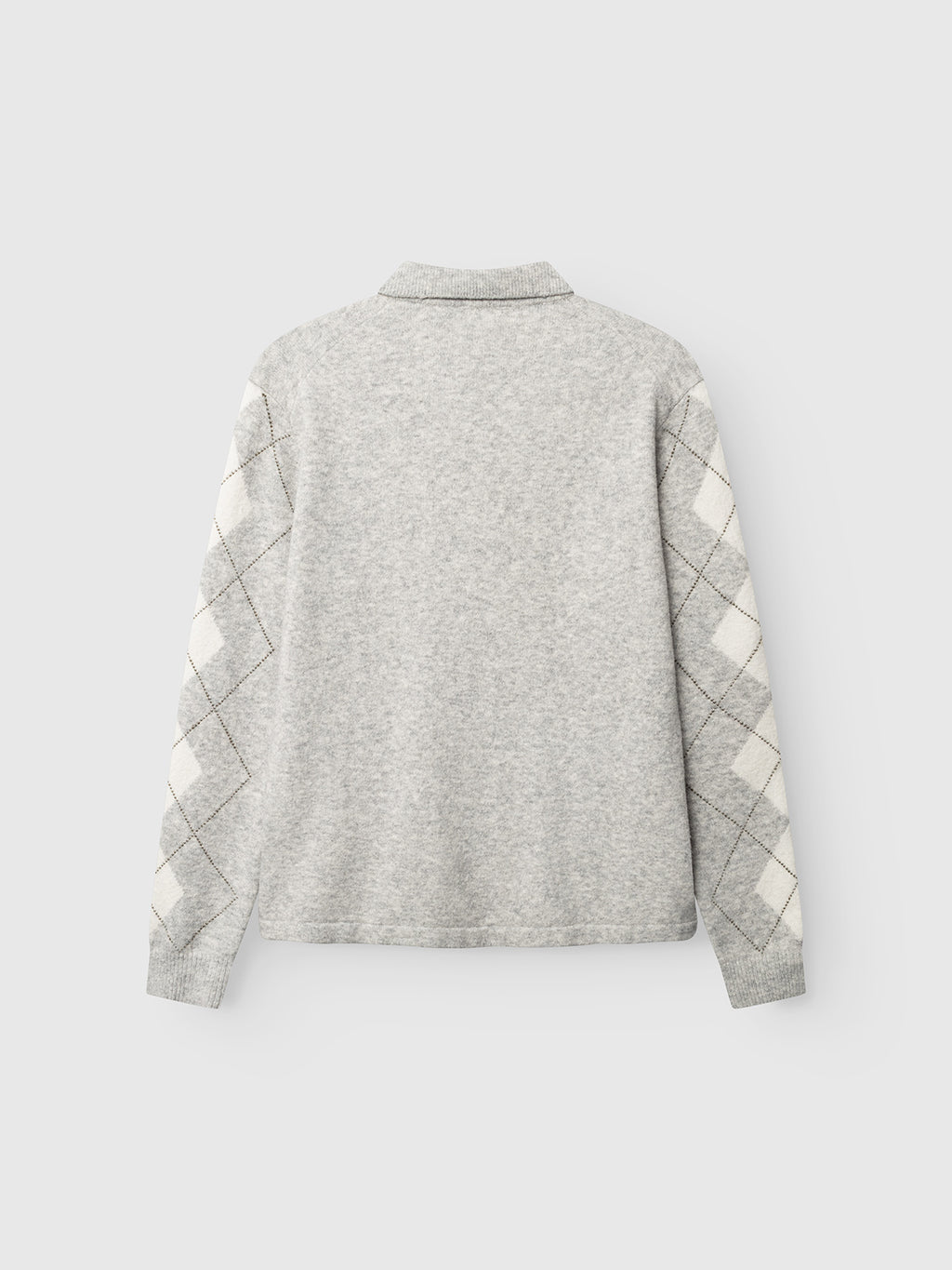 The Gabba GABpietro Polo Argyle LS Knit in Lt. Grey Mel is showcased from the back, featuring a subtle argyle pattern with white diamonds along both sleeves. This modern silhouette sweater has a soft texture, a simple collar, and offers a comfortable boxy fit knit for effortless style.