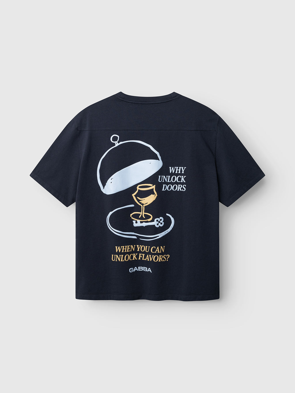 Introducing the Gabba GABlegin Wix Boxy Hour Lobby2 SS T-shirt in Night Sky—a navy t-shirt in a relaxed boxy fit, made from textured cotton jersey. It features a graphic back print of a drink under a cloche with the text: “WHY UNLOCK DOORS WHEN YOU CAN UNLOCK FLAVORS?” and “GABBA” at the bottom.