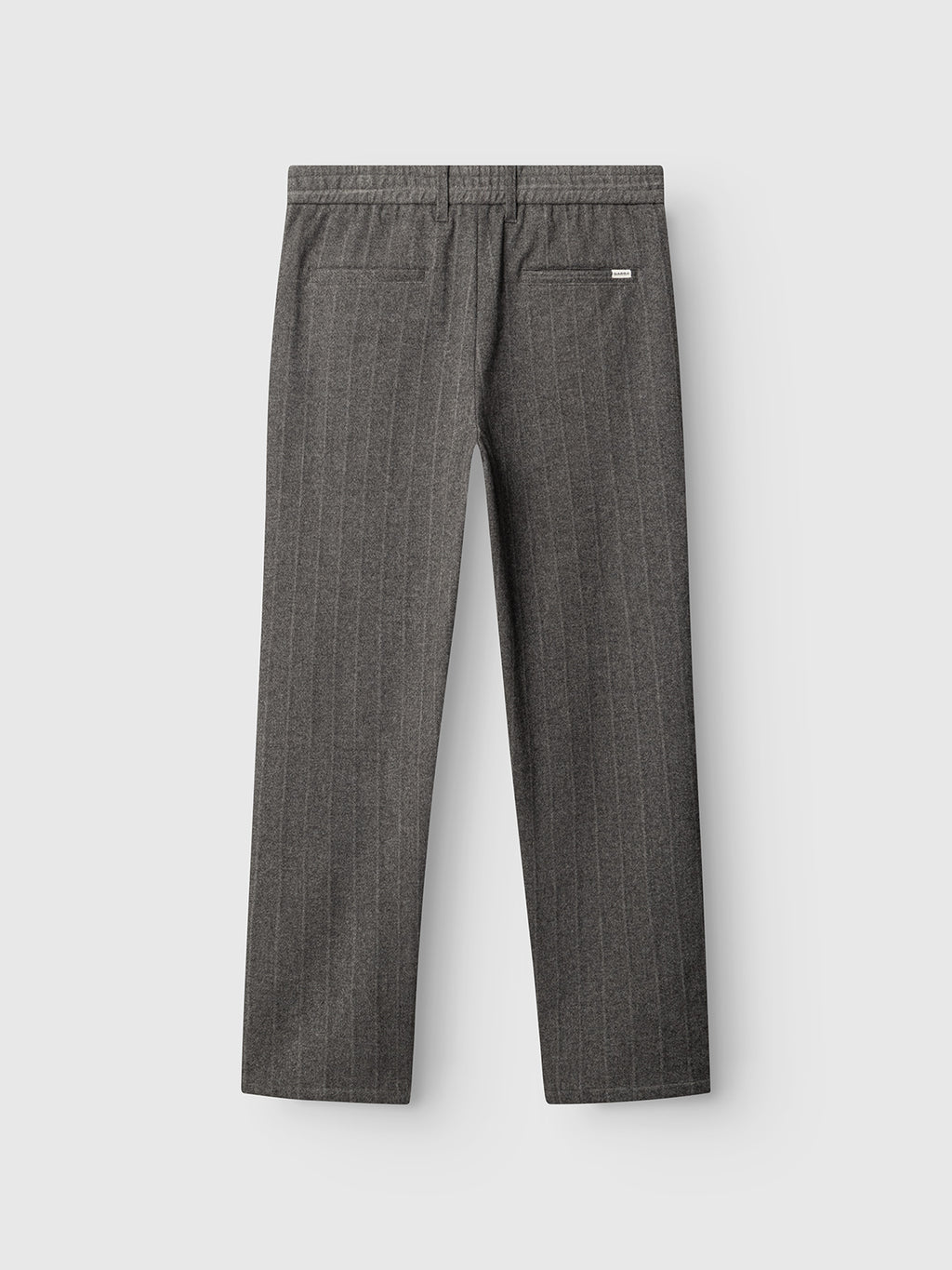 The Gabba Napoli 19 AX Stripes dress pants in dark grey are displayed from the back, highlighting a single right-side back pocket and belt loops at the waistband. Featuring classic chino pocket construction, these pinstriped pants are laid flat on a light gray background.