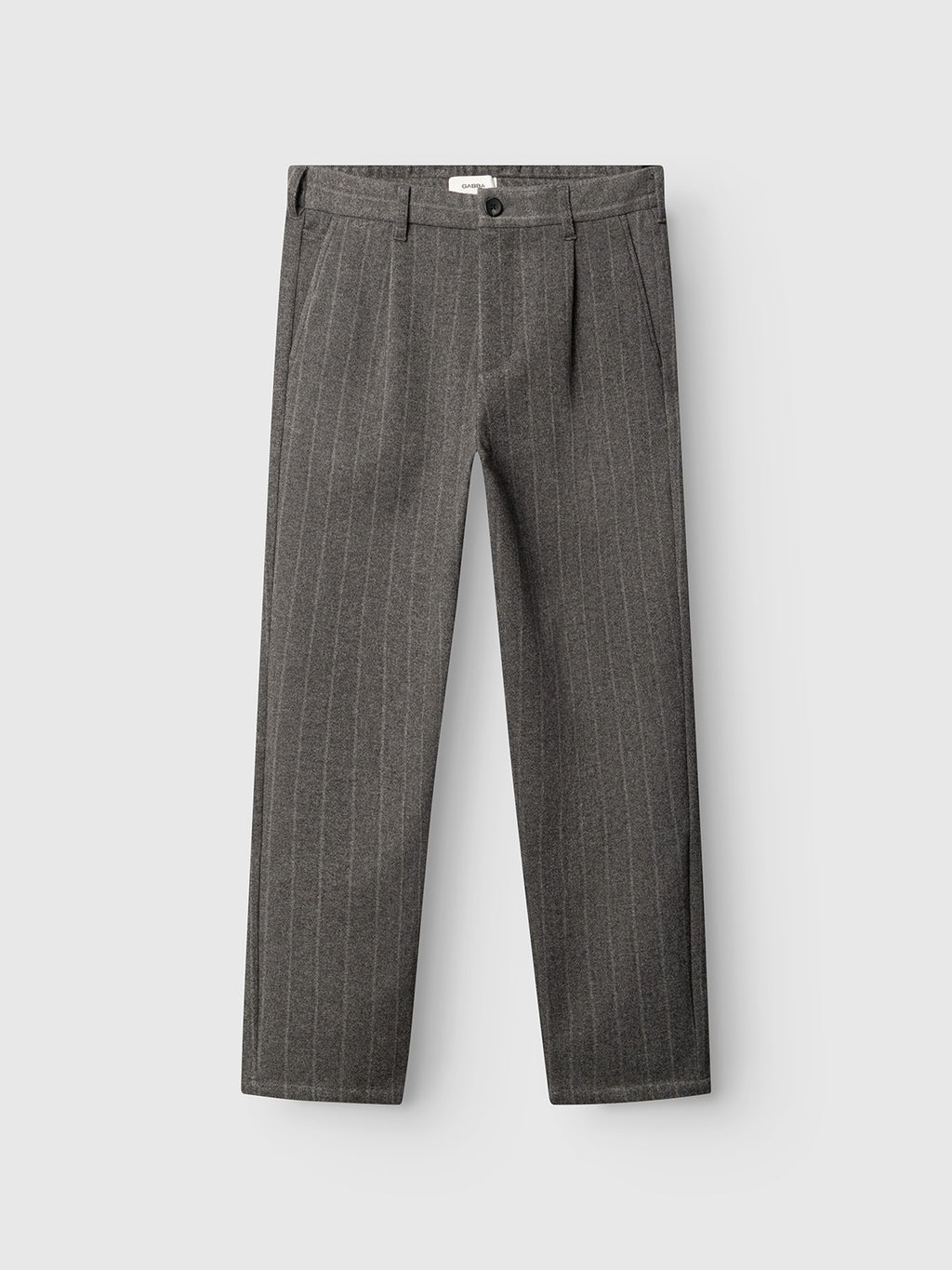 Gabba’s Napoli 19 AX Stripes pants in Dark Grey, featuring subtle vertical pinstripes, straight-cut legs, belt loops, a front button closure, and classic chino-style side pockets, are displayed flat on a light gray background.