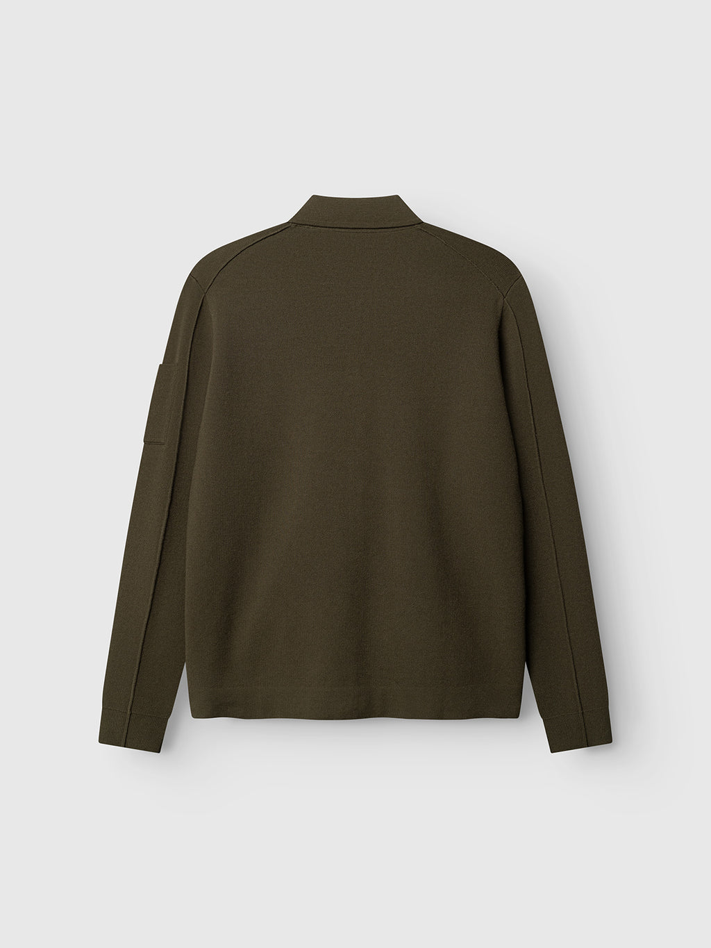 A back view of the Gabba GABadriel Zip Lume LS Knit sweater in Forest Night, featuring a regular fit, long sleeves, a collar, and displayed against a plain white background.