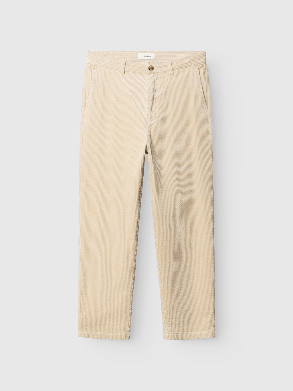 Gabba GABjoe Nopleats Ibre Pant in Birch laid flat on a white background, crafted from stretch corduroy fabric and featuring a tapered fit, side pockets, front button with zipper fly, and classic chino construction.