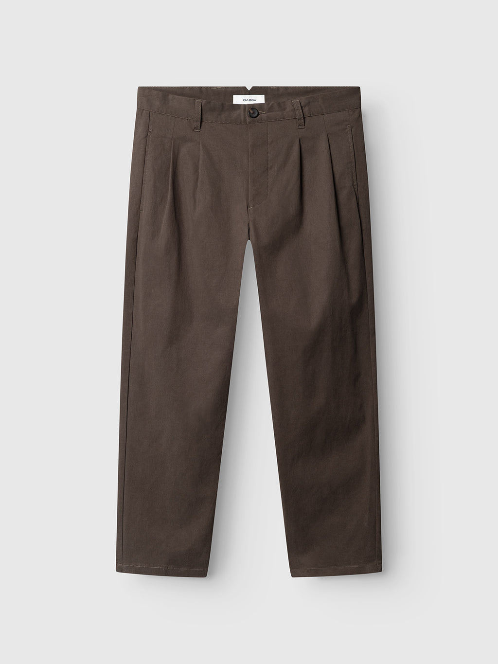 GABfirenze Bolu Cropped TENCEL ™ Pant in Brown Slate, featuring dark brown stretch twill cropped trousers in a relaxed fit with a pleated front and button fly.