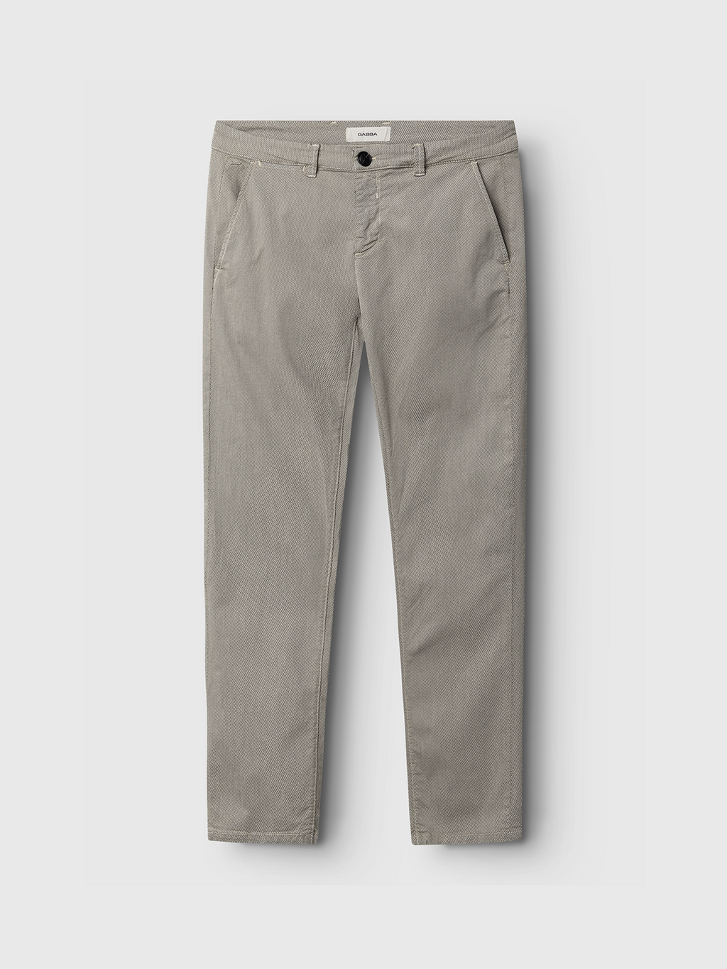 The Gabba Paul K3280 Dale Chino in Birch is a pair of light gray, straight-leg pants with French pockets, belt loops, and a branded button closure, shown laid flat on a white background.