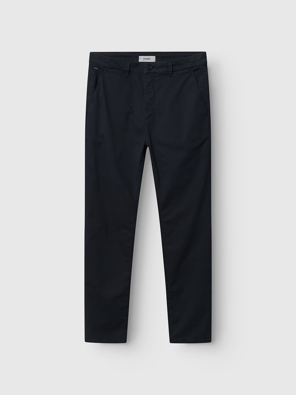 The Gabba GABpaul K3280 Dale Chino in blue black features a slim fit, French pockets, double paspel back pockets, and belt loops, neatly displayed against a plain light background.
