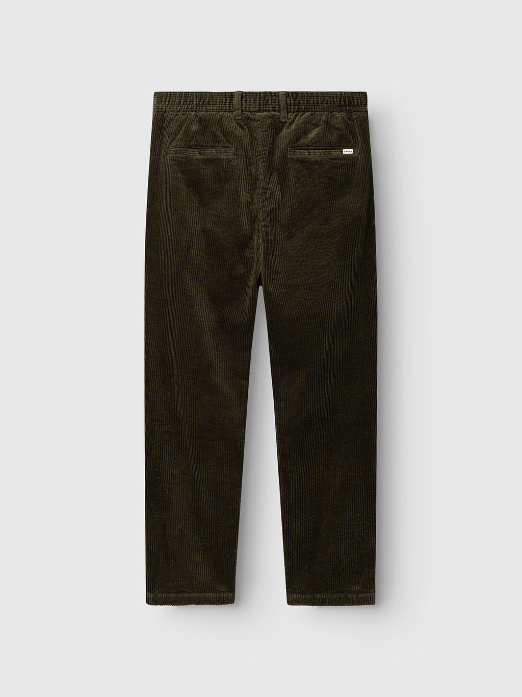 GABnapoli 19 Ibre Pant in Forest Night by Gabba, crafted from dark olive green cotton corduroy and shown from the back, features a straight fit, two rear pockets, and an elastic waistband, displayed against a plain light gray background.