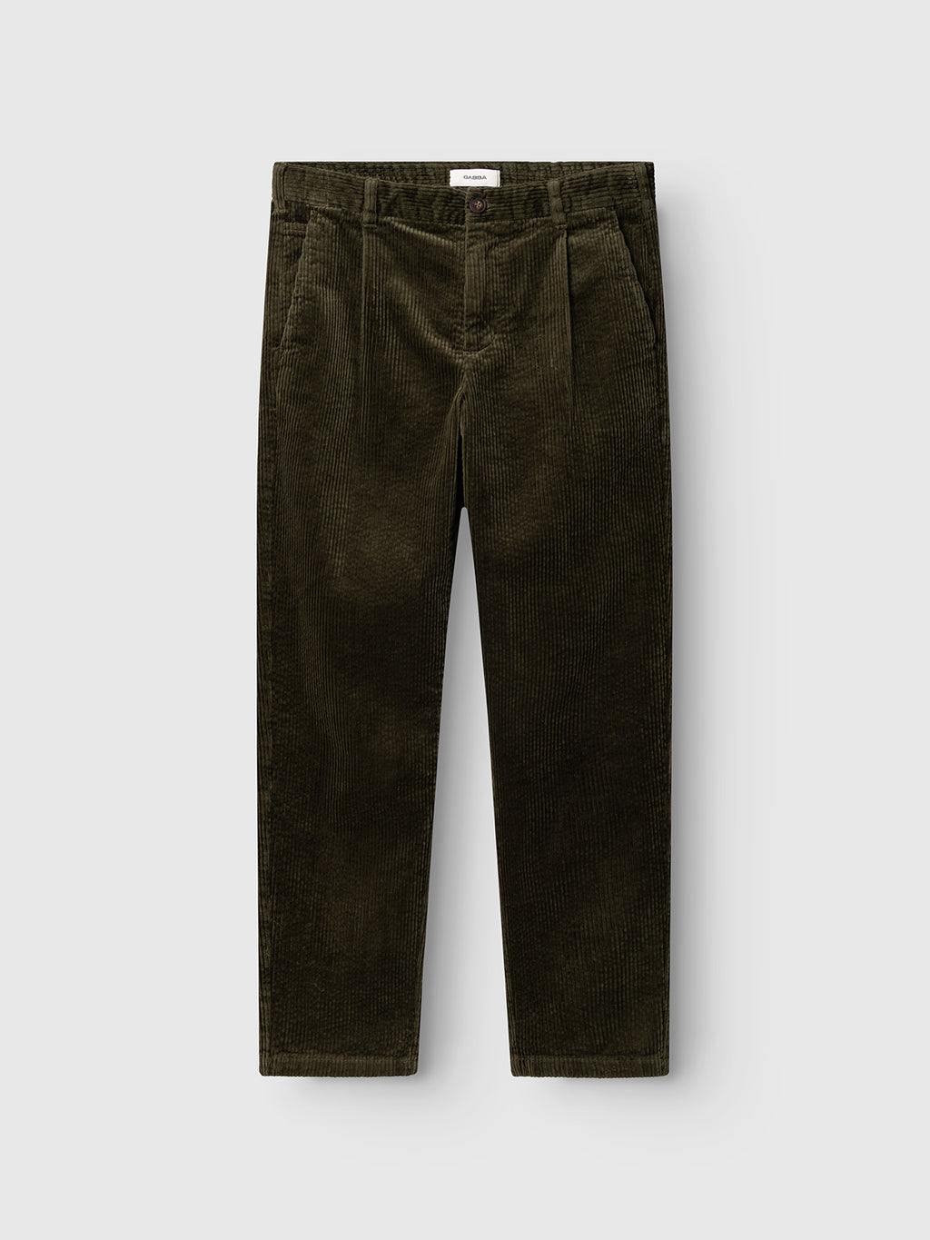 GABnapoli 19 Ibre Pant - Forest Night by Gabba, shown in dark olive green cotton corduroy, laid flat on a light grey background. These men’s tailored pants feature a button and zipper closure, front pleats, and straight fit trousers for a classic look.
