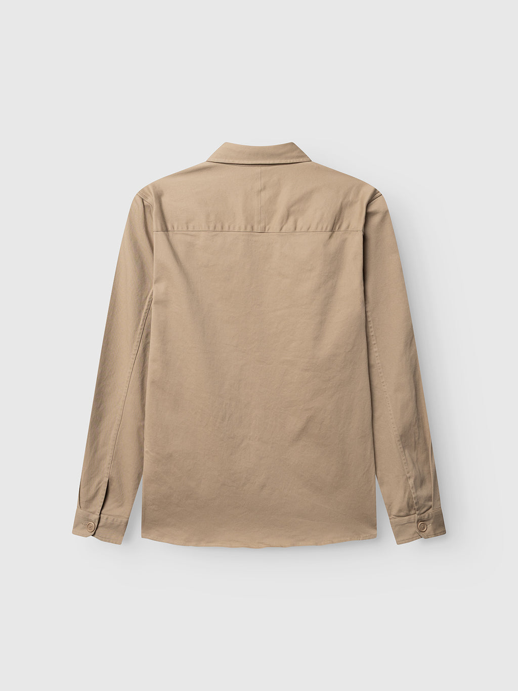 The GABtopper LS Shirt - Sand Plaza by Gabba is a regular fit layering essential, featuring long sleeves, a button-up design, collar, and buttoned cuffs in beige sand—shown from the back and laid flat against a white background, perfect for any wardrobe.