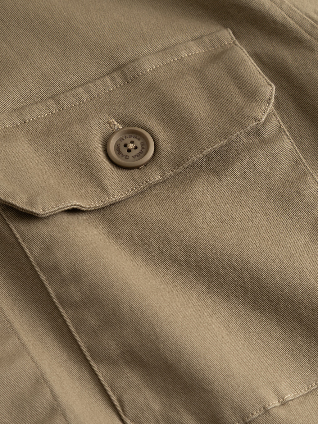 Close-up of the GABtopper LS Shirt by Gabba in Dusty Olive, featuring a fabric pocket with a flap secured by a brown button and highlighted detailed stitching—an ideal layering essential for any regular fit heavyweight overshirt.