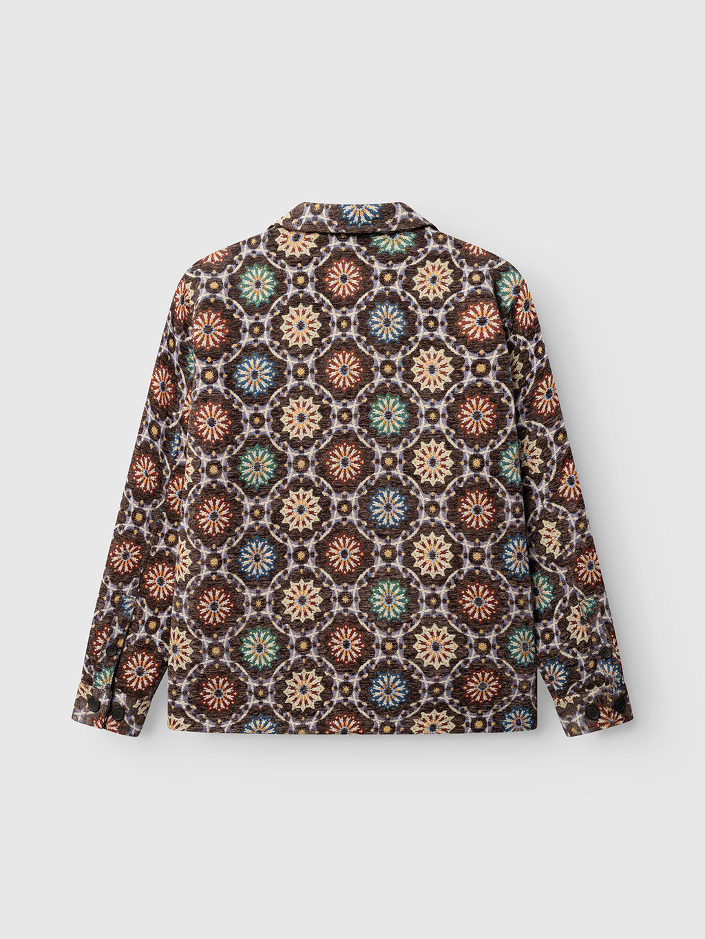 Back view of the Gabba GABsimone Nava LS - Brown, a long-sleeve shirt showcasing a geometric mosaic-style pattern in brown, cream, blue, and green tones, crafted from textured jacquard fabric and displayed against a light gray background.