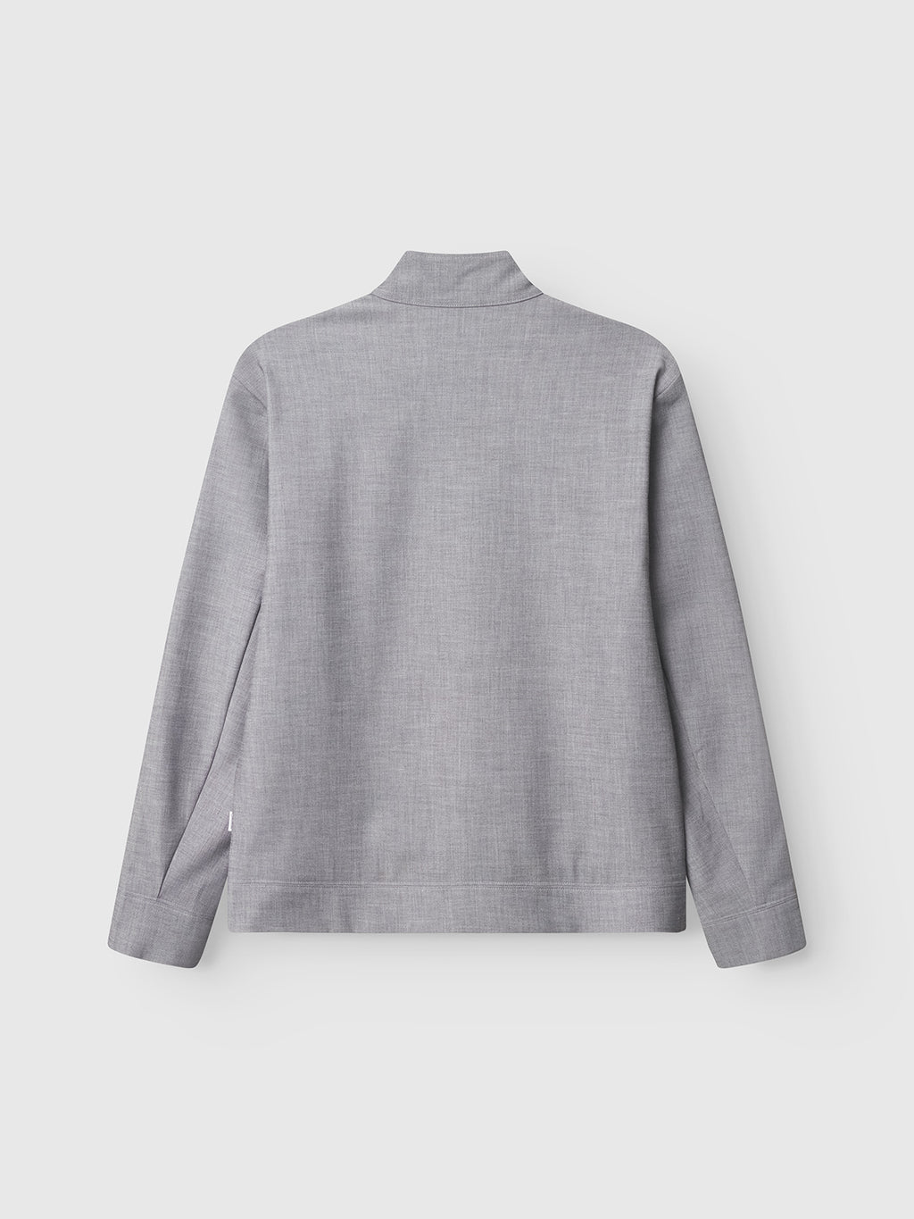 The Gabba GABnik Phin GRS jacket in dark grey is displayed from the back, highlighting its long sleeves, straight hem, and minimalist collarless neckline. Made from a wool and viscose blend, this regular-fit outerwear piece exudes modern style.