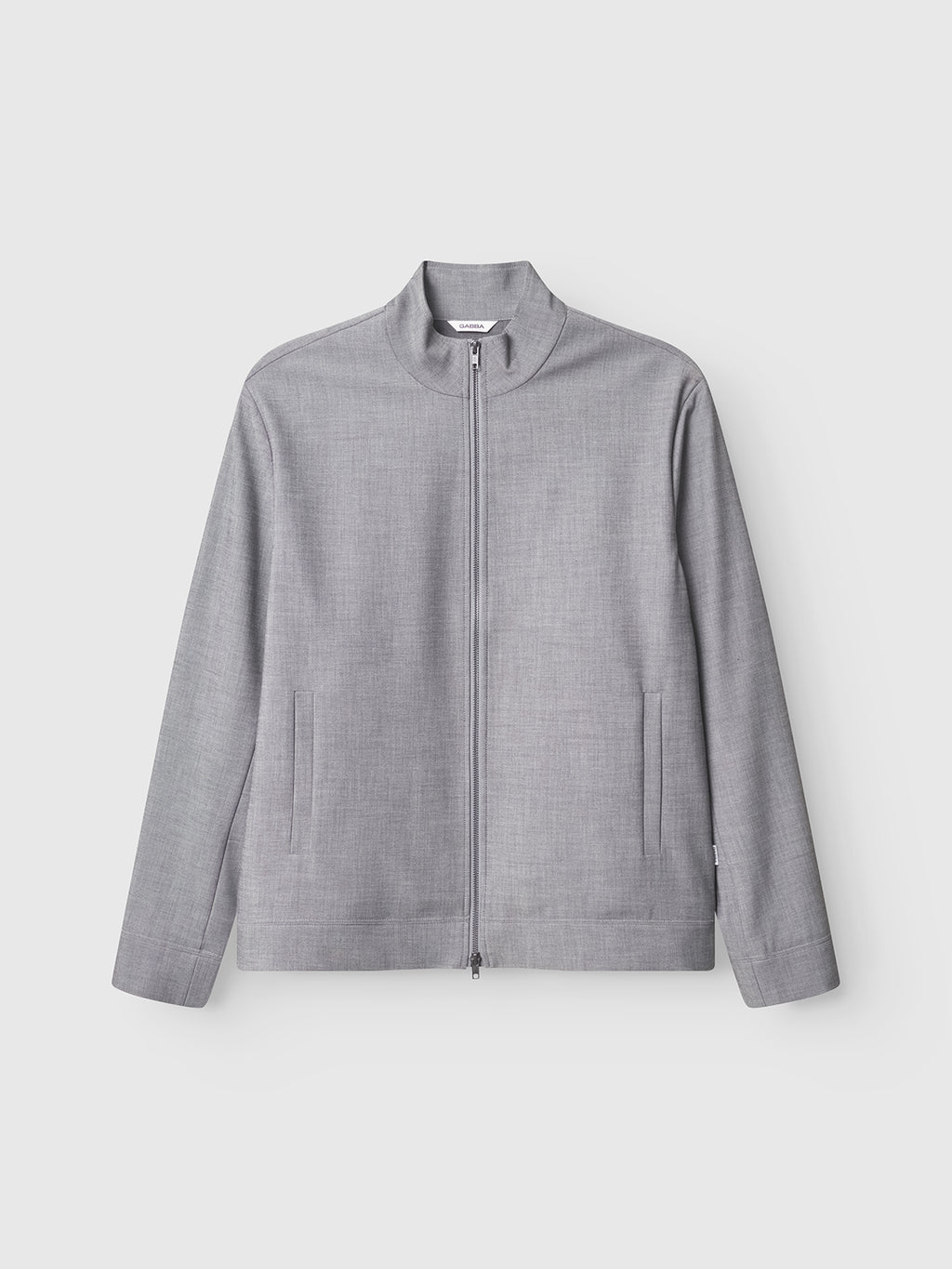 Introducing the Gabba GABnik Phin GRS - Dk. Grey: a modern, dark grey long-sleeve jacket featuring a stand collar and zip-up front. Expertly crafted from a wool and viscose blend, this regular-fit outerwear piece is designed with two side pockets and showcases a smooth, minimalist aesthetic.
