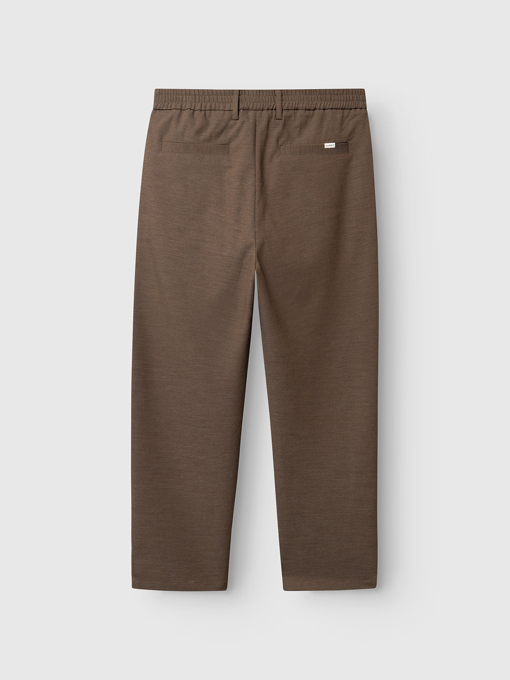 The Gabba GABnapoli 19 Phin GRS - Crocodile pants are showcased from the back, displaying their brown color in a regular straight fit. They feature an elastic waistband, two back pockets—one adorned with a small white tag—and a minimalist design crafted from wool blend chinos material with recycled polyester accents, all set against a plain white background.