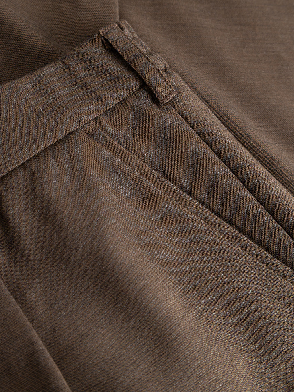 Close-up of the Gabba GABnapoli 19 Phin GRS - Crocodile dress pants in brown wool blend, highlighting the waistband, belt loop, and side pocket seam crafted from a soft, textured fabric. Features recycled polyester for a regular straight fit.