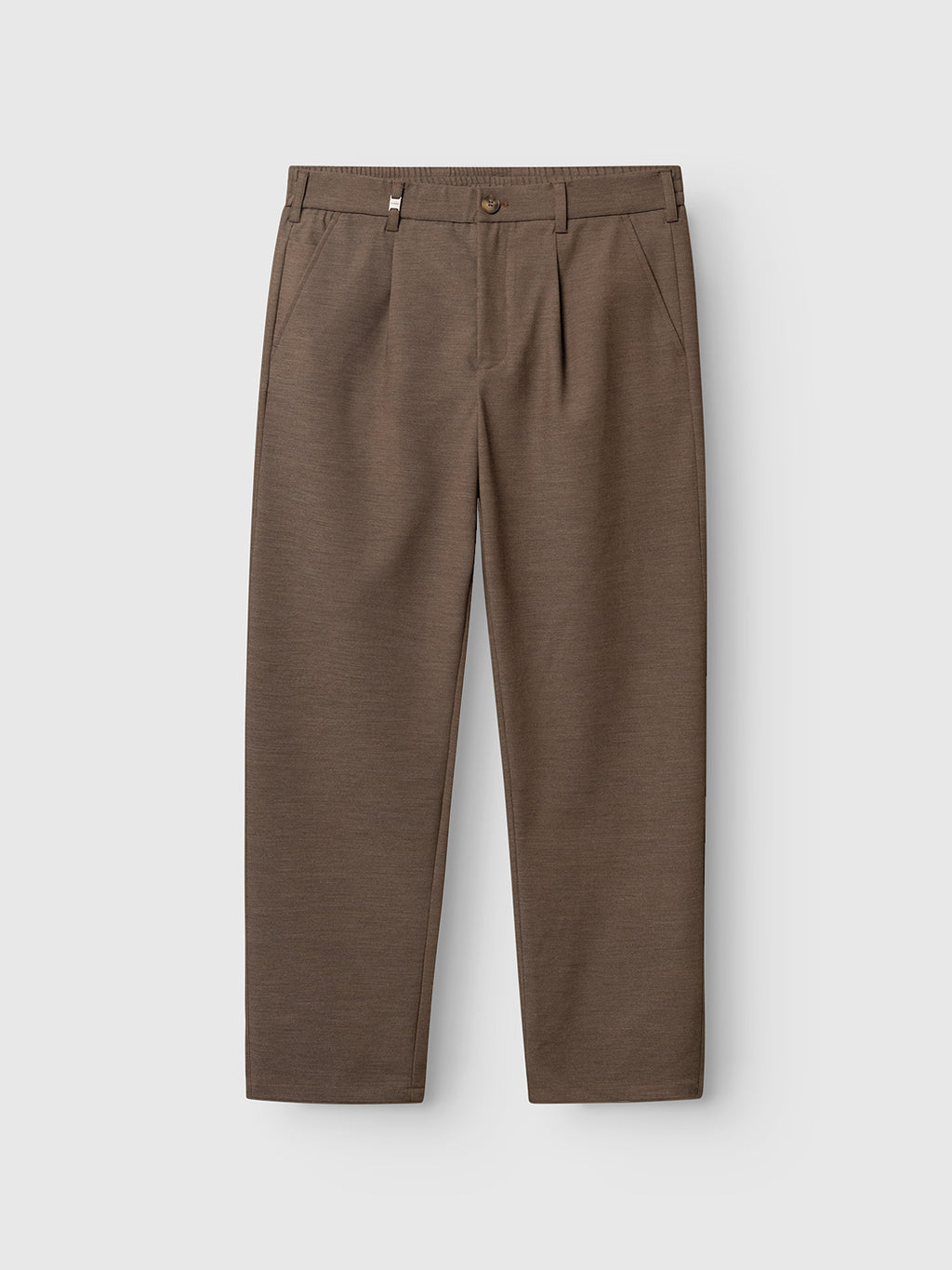 A pair of brown, regular straight fit dress pants with side pockets and belt loops, crafted from a wool blend chino fabric with recycled polyester, the GABnapoli 19 Phin GRS - Crocodile by Gabba is shown flat against a light background.