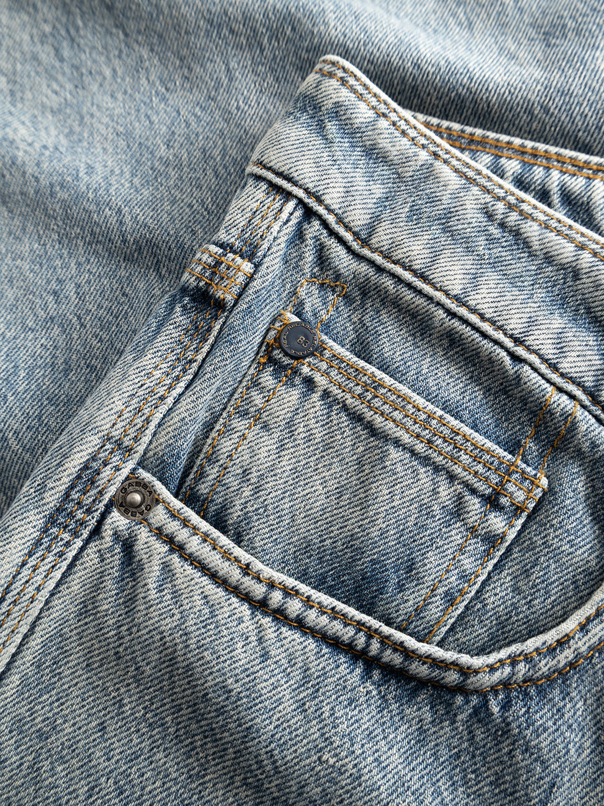 Close-up of a blue denim jeans pocket from the Gabba GABmax Tona RS2100 Jeans in Mid Blue Denim, featuring modern straight fit construction, detailed stitching, and a small coin pocket nestled inside the larger front pocket.